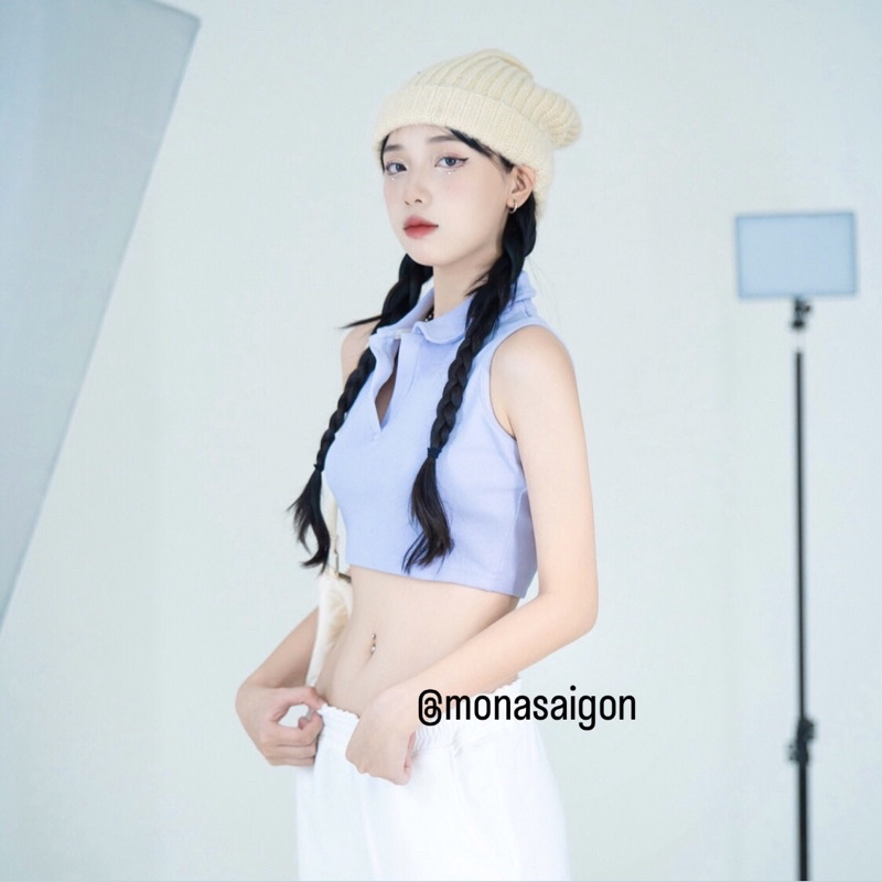 Áo croptop thun gân polo MONÁ - PERRY TÍM