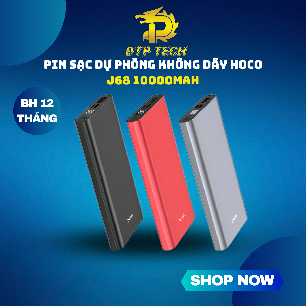 Pin sạc dự phòng hoco j68 10000mah màn hình lcd báo pin vỏ kim loại