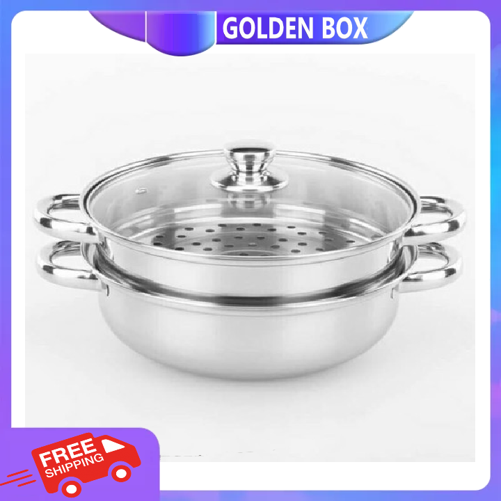 Nồi hấp cách thủy đa năng 2 tầng inox 28cm Nắp Kính- Nồi lẩu kiêm nồi hấp 2 tầng inox - Nồi luộc hấp thức ăn đa năng 2 tầng