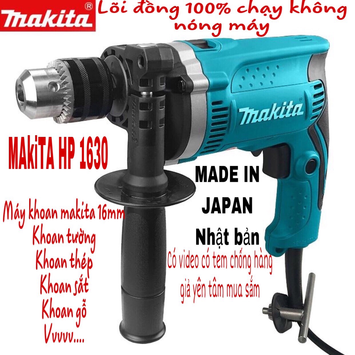 Máy khoan điện makita cầm tay chính hãng - máy khoan búa cầm tay tốc độ cao hp1630 - 16mm bền bỉ vận hành êm ái