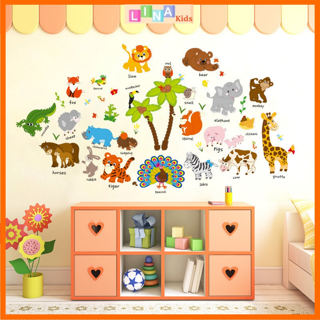 Decal dán tường vườn thú tiếng Anh (mẫu cây cọ to) - LINA Kids