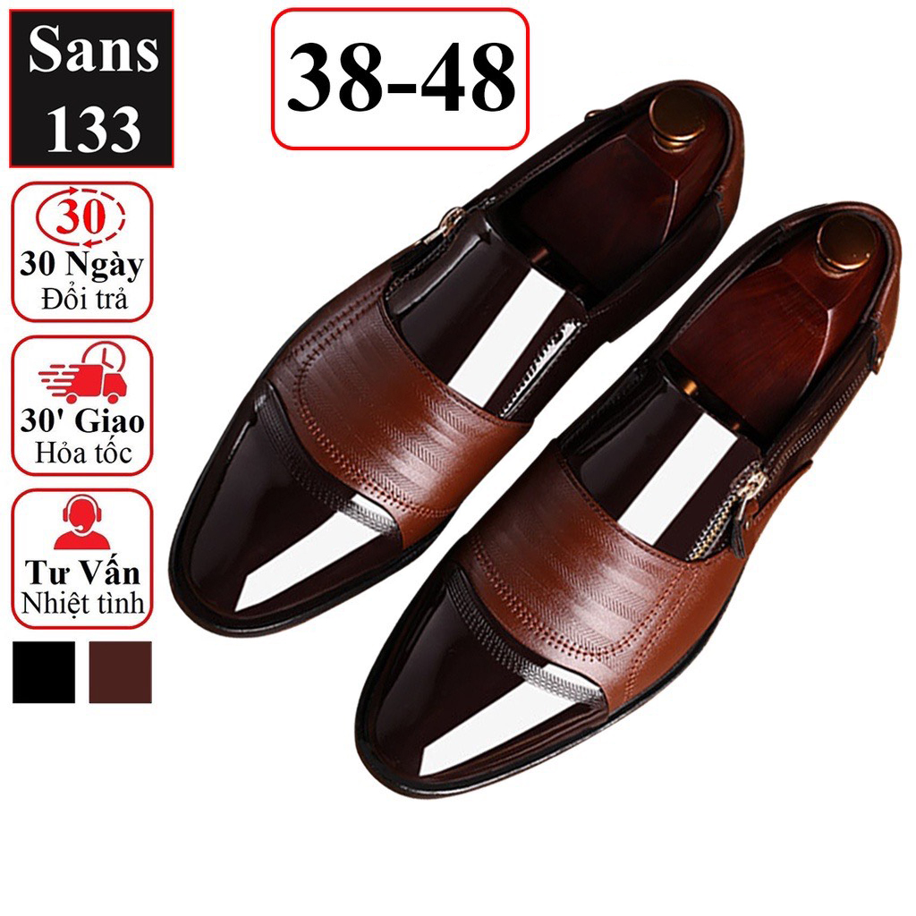 Giày tây nam đẹp Sans133 giầy da công sở cao cấp mũi tròn nâu đen bóng big size chân to bigsize cỡ lớn 43 44 45 46 47 48