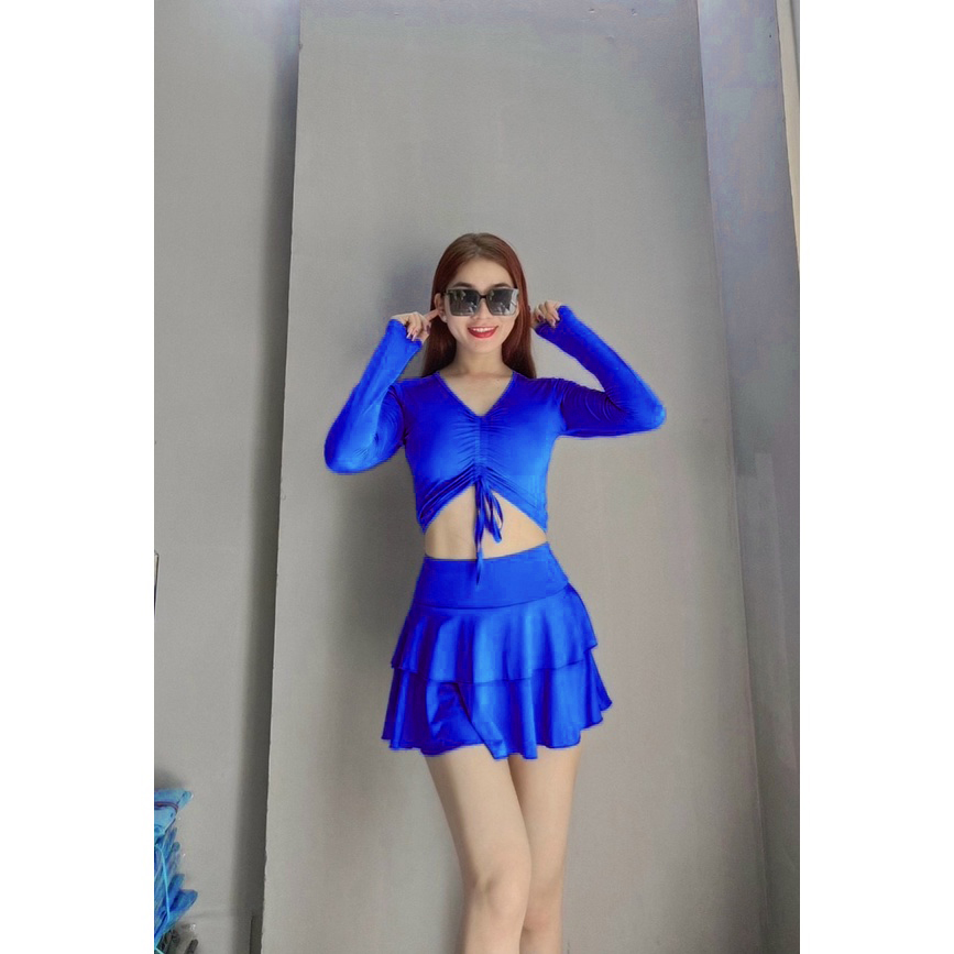 Bikini đồ bơi nữ đi biển 2 mảnh áo croptop dài tay kèm mút mỏng quần giả váy xếp tầng nhiều màu chất liệu thun lạnh co dãn 4 chiều thoáng mát BINSPORTS BHV194