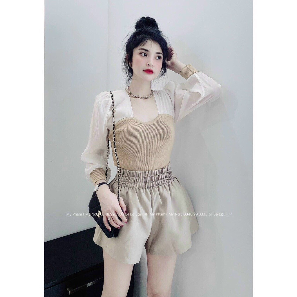 Kèm Video - Dưới 53kg]Áo thun gân cổ vuông phối tay voan bồng dài tiểu thư croptop MC