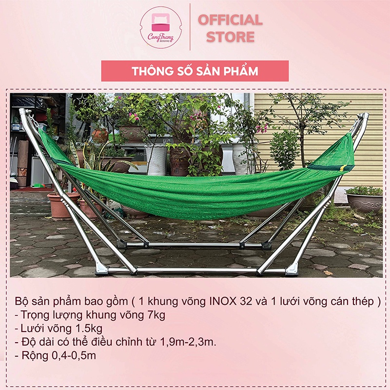Võng xếp khung inox tròn 304 trường nga phi 32 chịu lực 250kg + tặng kèm lưới võng cỡ đại