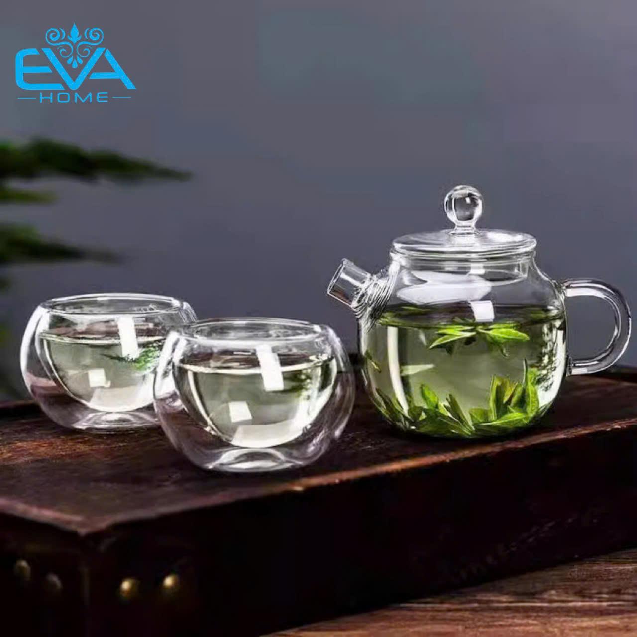 Bộ Ấm Pha Trà Mini Thuỷ Tinh Chịu Nhiệt Lõi Lọc Lưới Lò Xo Và 2 Chén Trà Cao Cấp Sang Trọng