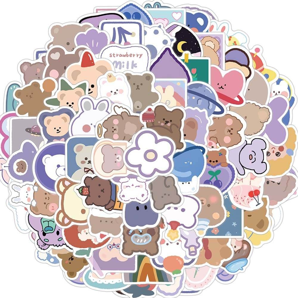 Set 90 sticker hình dán gấu tím dễ thương chống thấm nước
