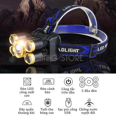 Đèn pin siêu sáng đội đầu 5 bóng gồm 1 đen 5 bóng