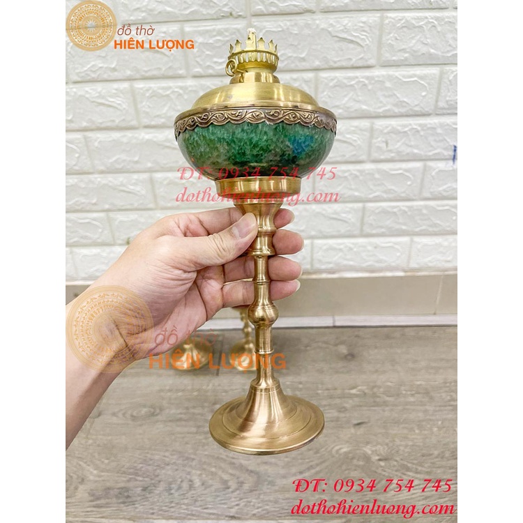 Đèn dầu bằng đồng thờ cúng bọc đá Cao 40cm cả bóng (1 cái) (Tặng 1 bóng và 1 cổ đèn sơ cua)
