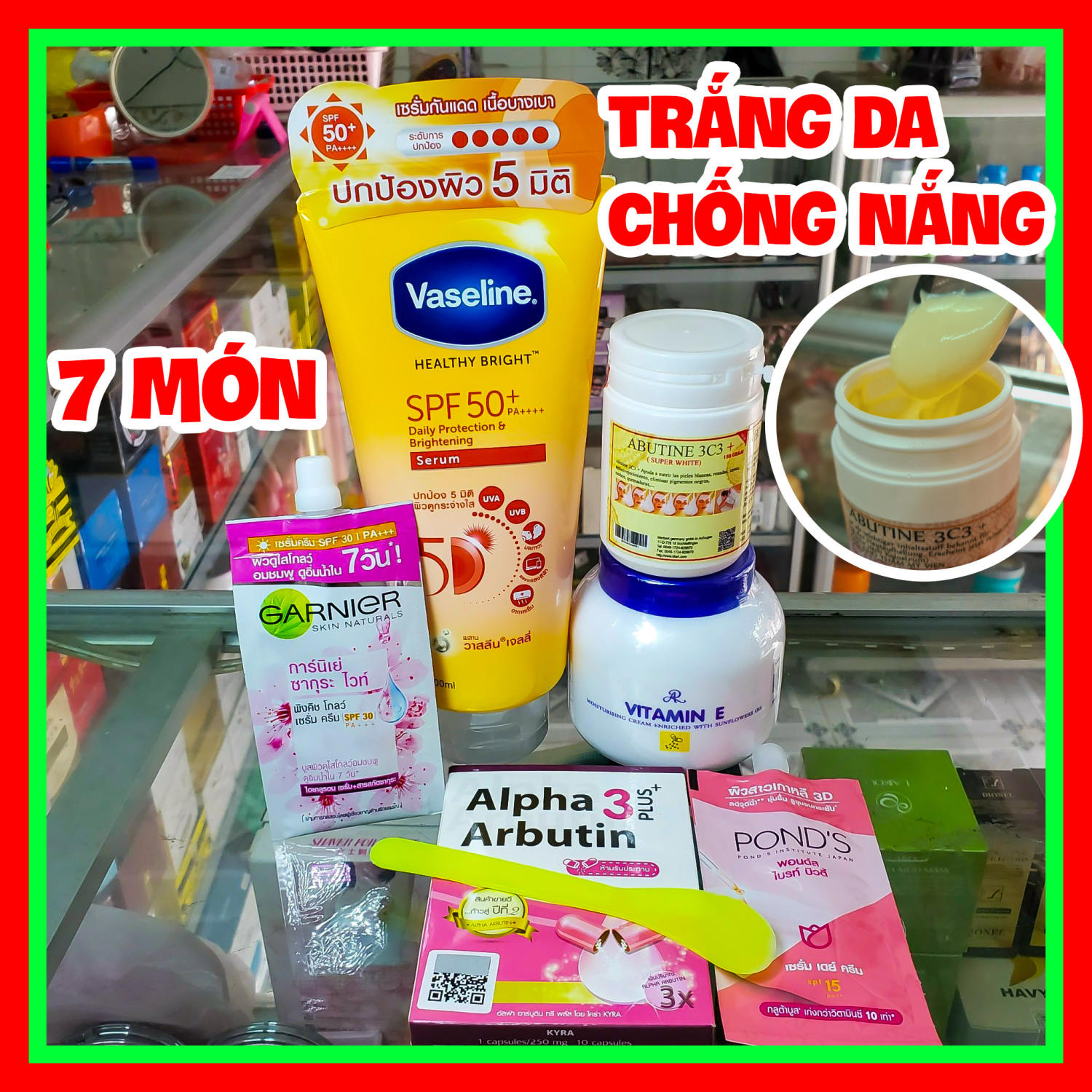Combo Kem trộn siêu trắng Vaseline 50 SFP+ chống nắng + 3C3 Abutine + Vitamine E + garnier kích trắng có chống nắng
