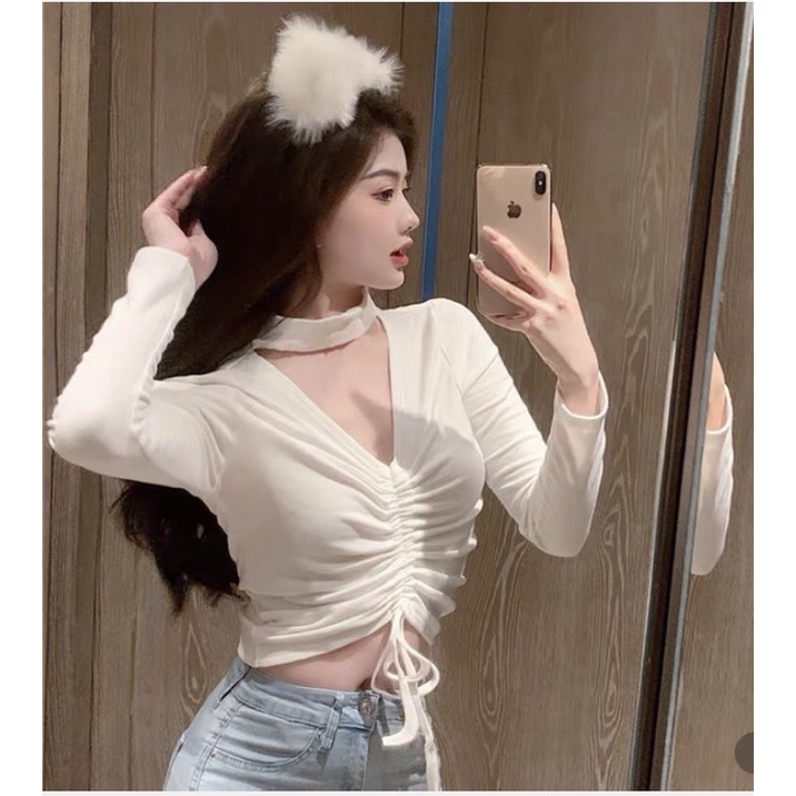 Áo kiểu croptop tay dài cổ tim phối lọ chít dây