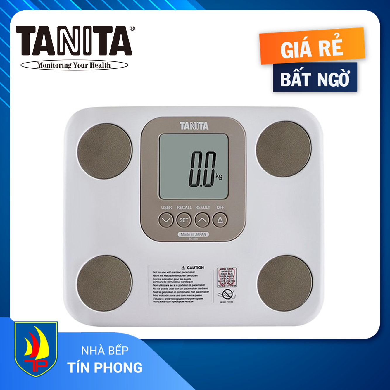 CÂN ĐIỆN TỬ TANITA BC859 WH20 (MÀU TRẮNG). Màn hình hiển thị: LCD. Tải trọng tối đa: 150kg. 7 chức năng: Cân nặng, tuổi chuyển đổi, tỷ lệ trao đổi chất, khối lượng cơ, tỷ lệ phần trăm mỡ, tỷ lệ mỡ nội tạng