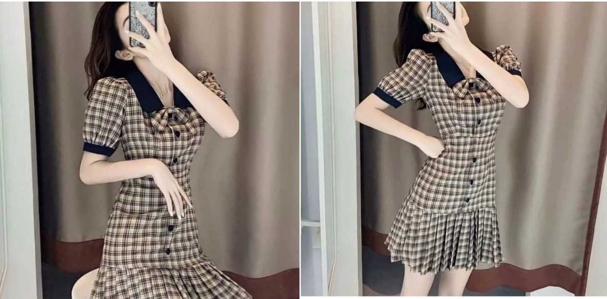 Đầm caro đuôi cá xếp li tay ngắn