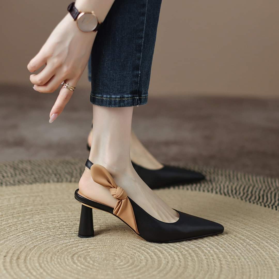 Giày cao gót bít mũi nhọn hậu slingback nơ phối màu _ Giày Sharmaine