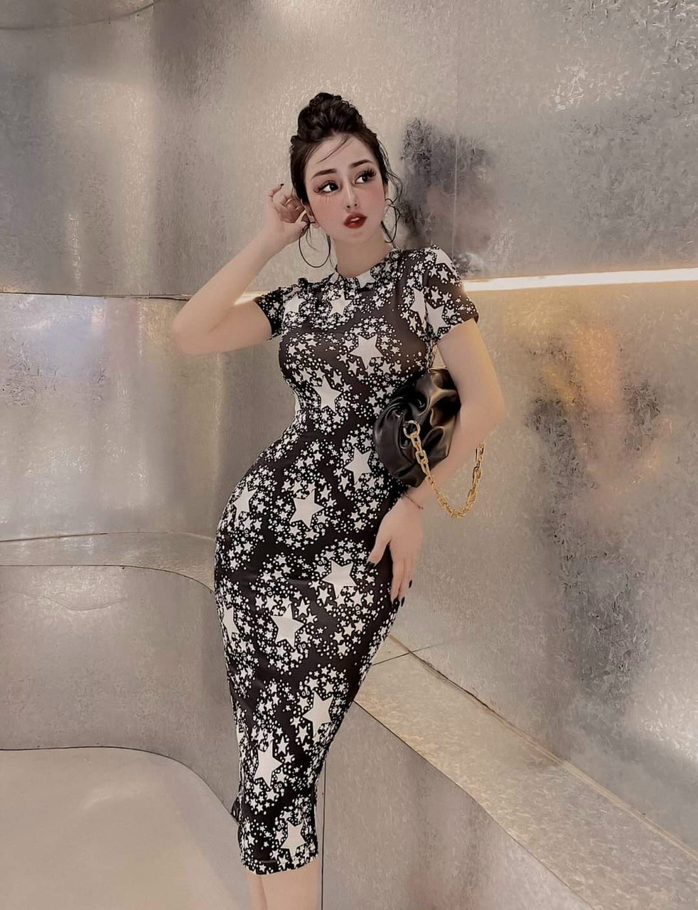 Đầm body nữ dự tiệc dáng dài in họa tiết