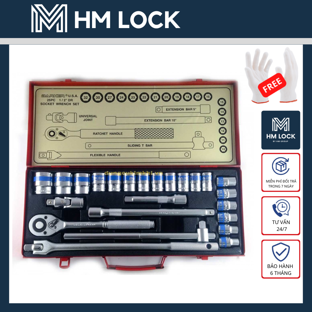 BỘ TUÝP BARKER 1/2” 25 MÓN CHI TIẾT - TÙY CHỌN LỤC & BÔNG - BỘ DỤNG CỤ CAO CẤP CỦA BARKER MỸ - HM LOCK