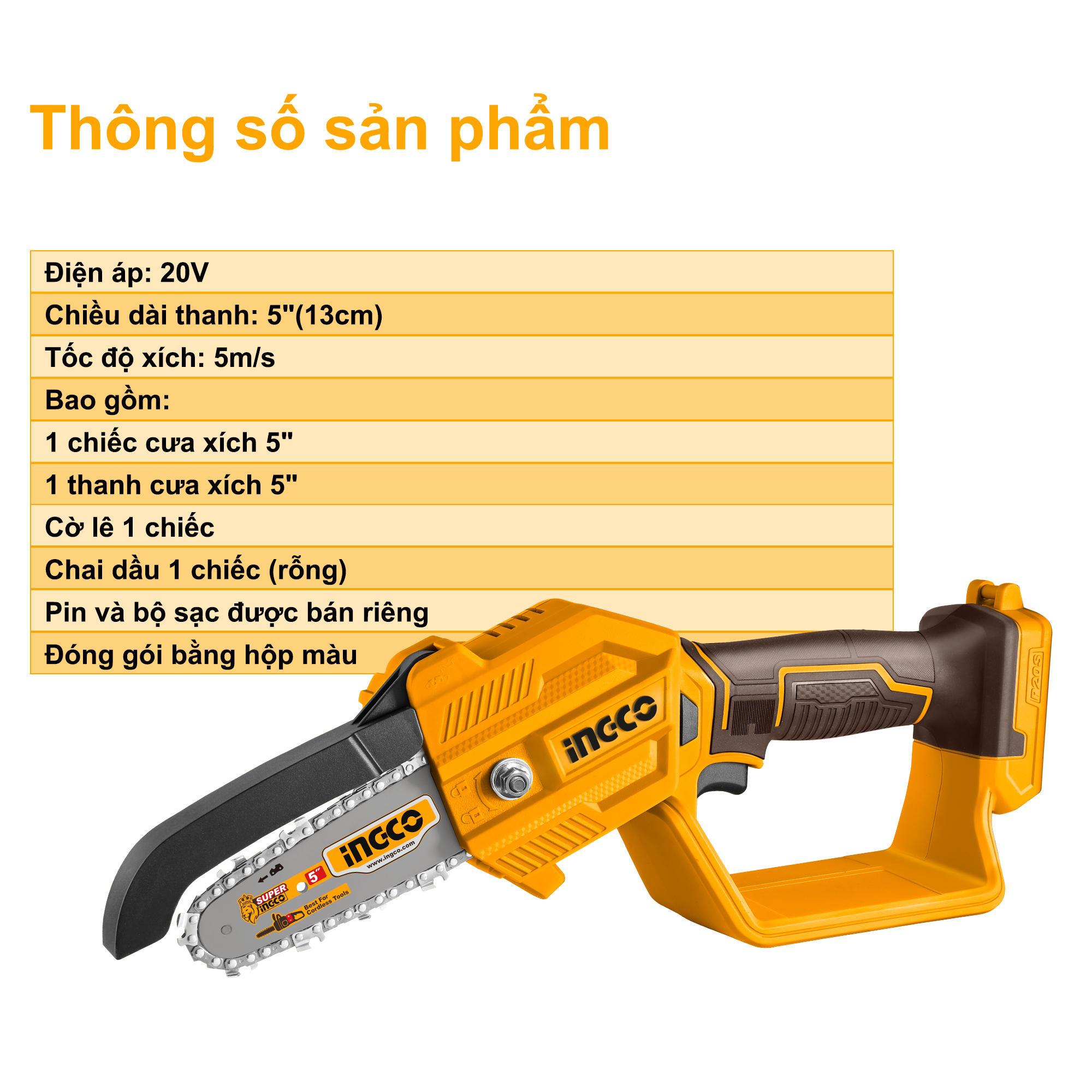 Thân máy cưa cành dùng pin INGCO CGSLI2058 (chưa bao gồm pin và sạc)