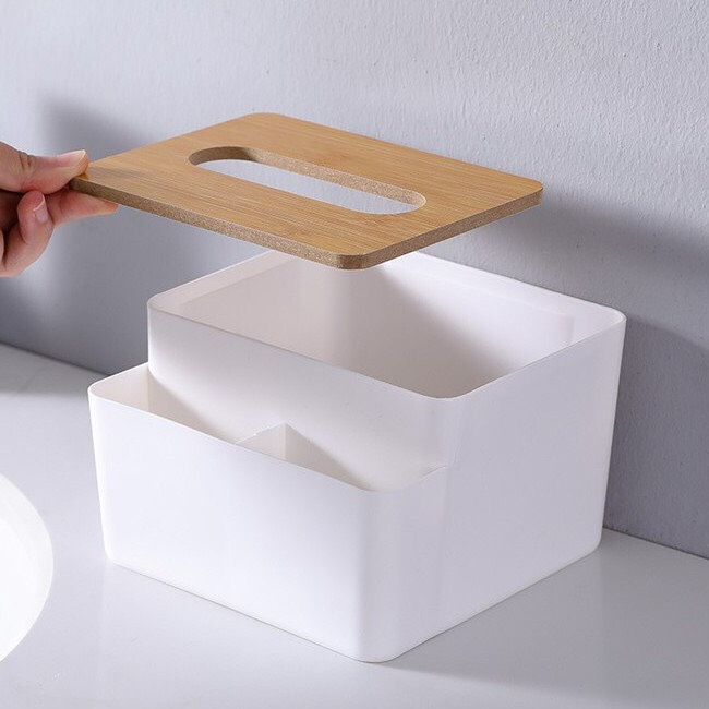 Hộp Khăn Giấy Nắp Gỗ 3 Ngăn Hộp Đựng Giấy Ăn Để Bàn