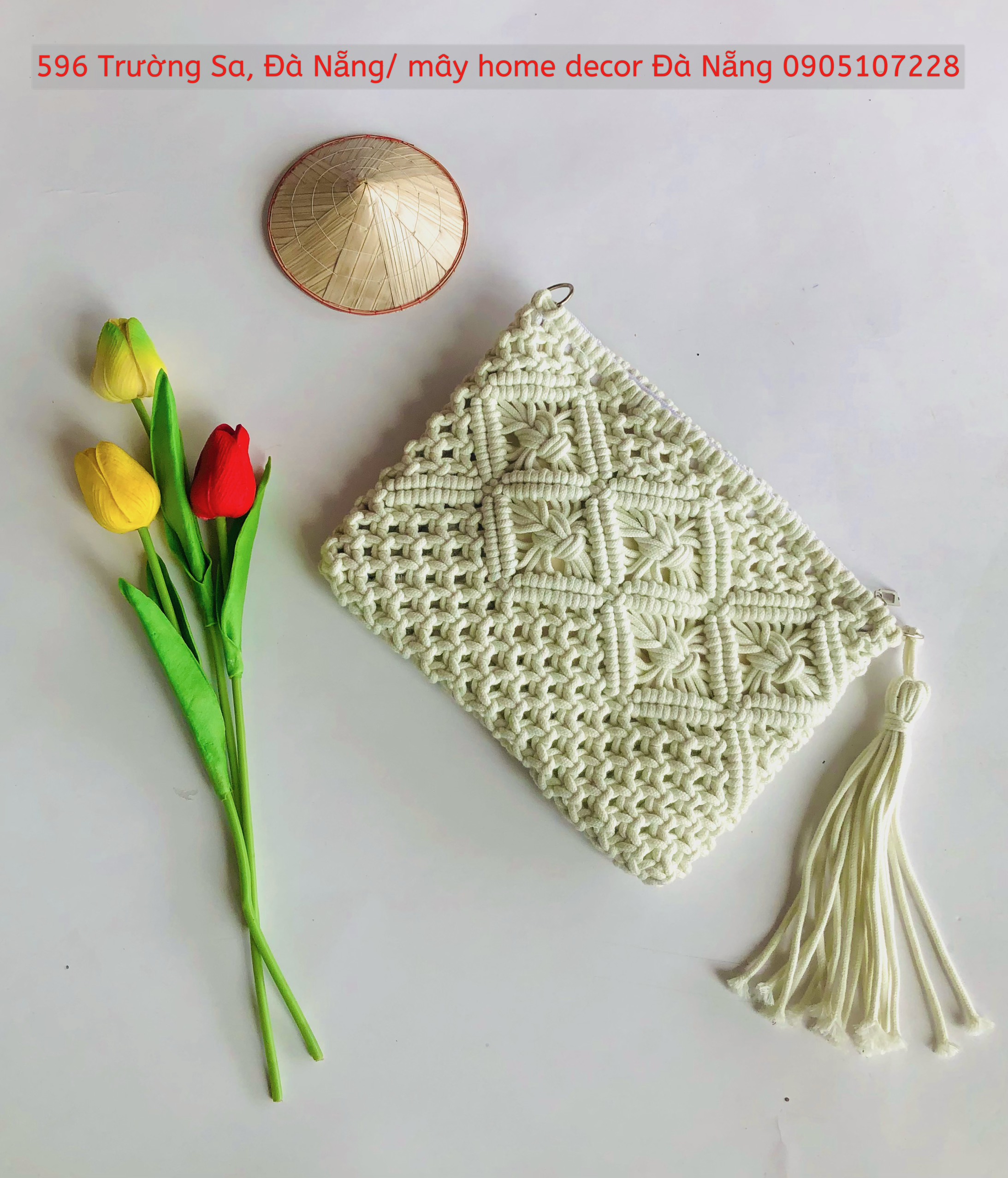 Ví Cầm Tay Nữ Hàng Handmade Đan Tay Tỉ Mỉ, Ví len macrame cầm tay size L siêu xinh quý phái sang trọng  - Macrame clutch