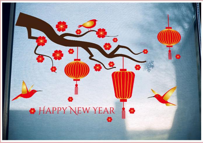 [HCM]Decal Trang Trí Tết - Cành Mai Đỏ Cùng Chim Và Lồng Đèn Đỏ