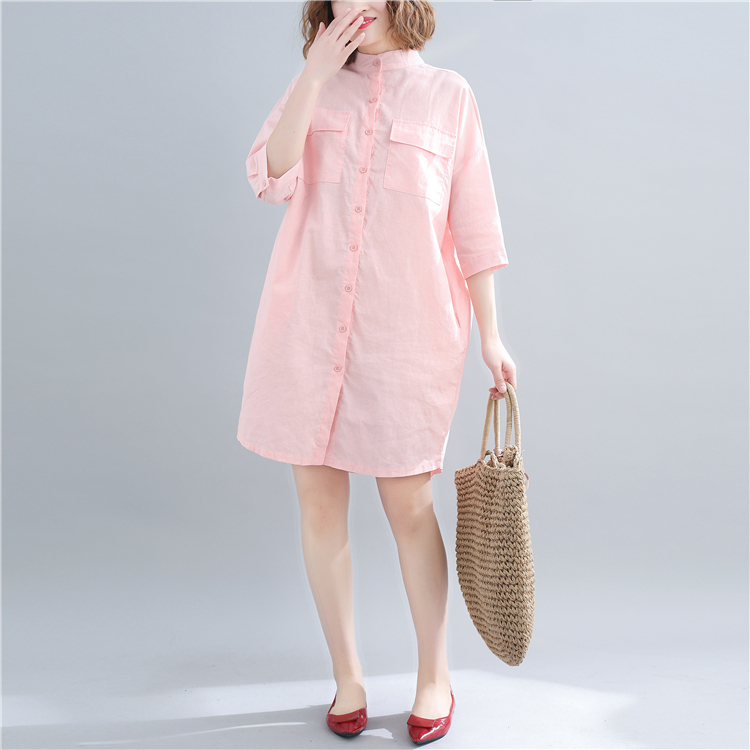 Đầm suông sơ mi cổ trụ chất đũi tay lỡ 2 túi ốp ngực OCCO