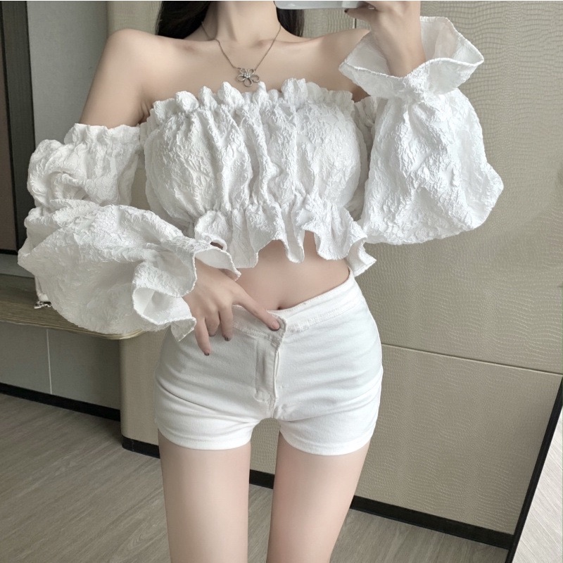 Áo bẹt vai phồng tay bo vải xốp phồng đẹp b5