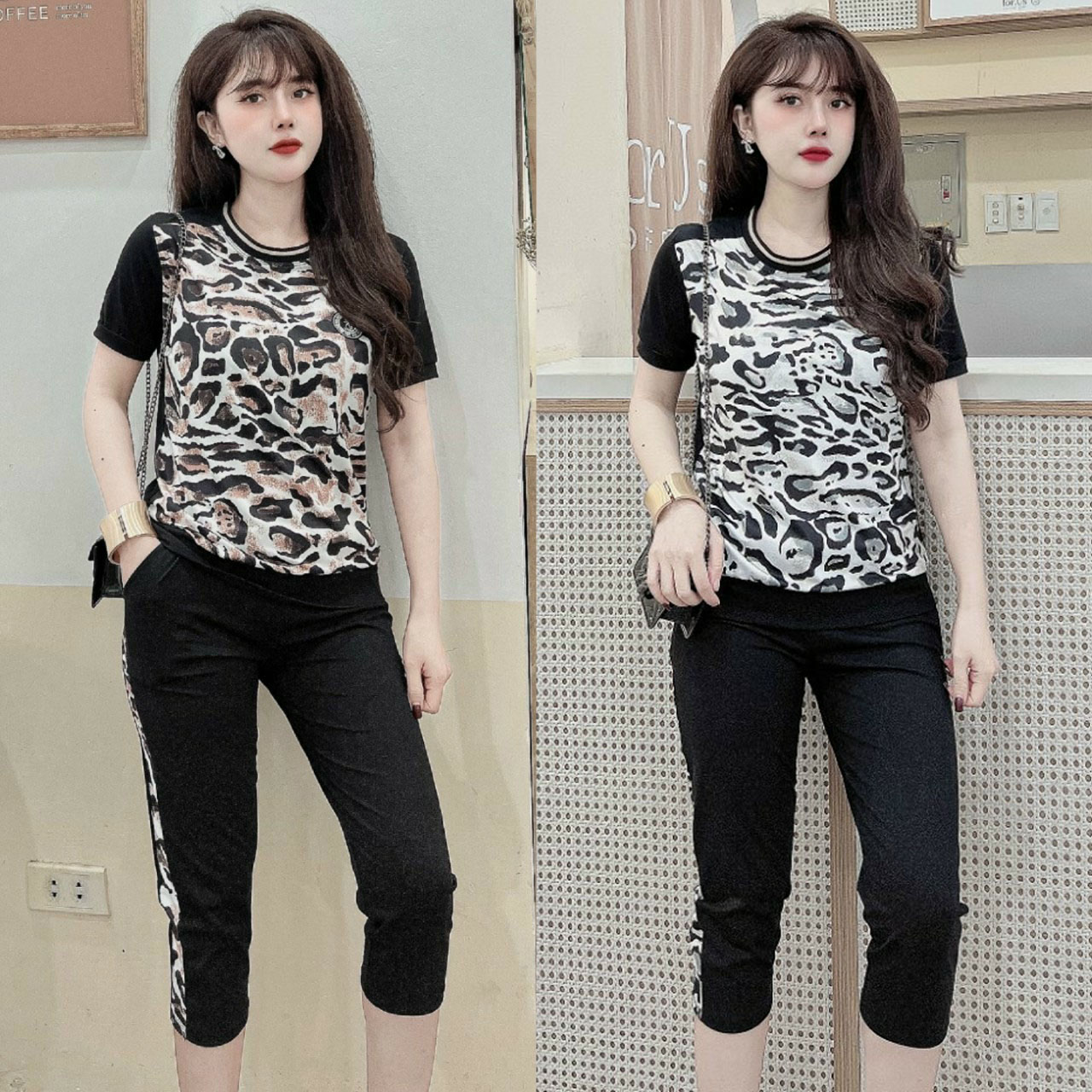 Đồ bộ lửng thun cotton họa tiết da beo (màu nâu, trắng)
