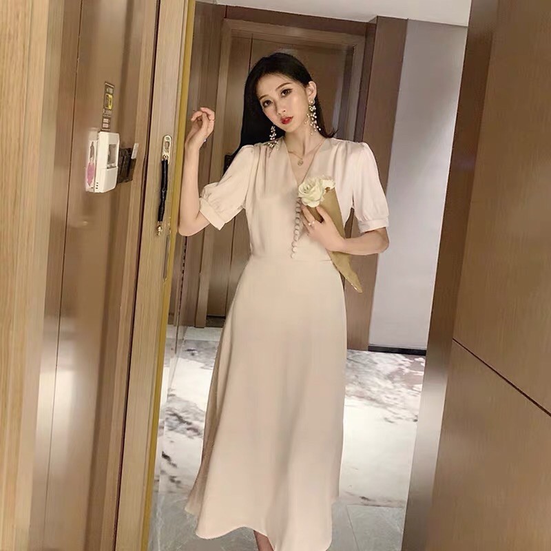 Đầm lụa cổ V phối cúc bọc B-A-M STORE (hàng may đẹp)