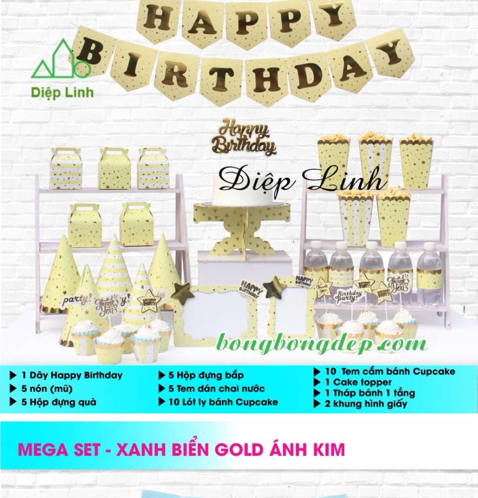 Set Mega Bàn Tiệc Trang Trí Sinh Nhật Dành Cho Bé Ép Kim