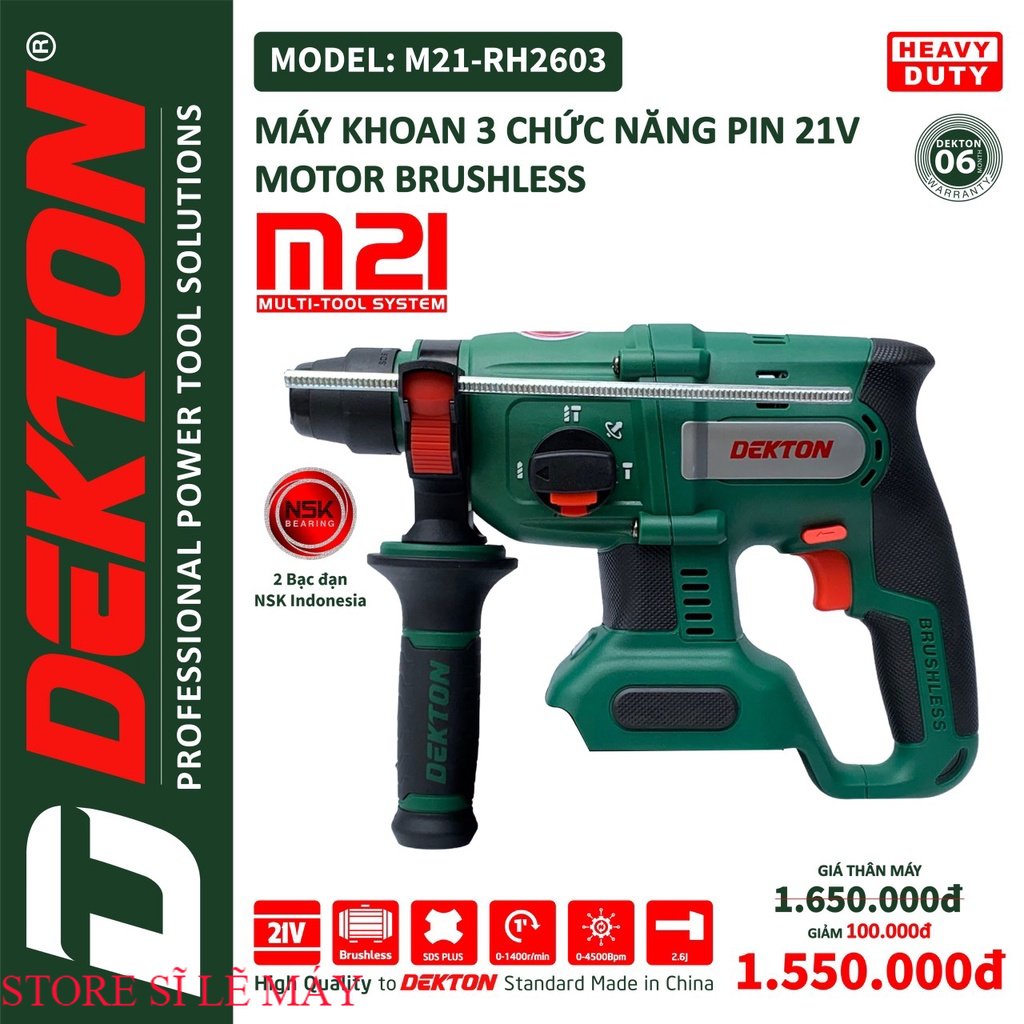 Máy khoan bê tông dùng pin dekton m21-rh2603 - 3 chức năng - motor brushless - chân pin phổ thông store thiết bị
