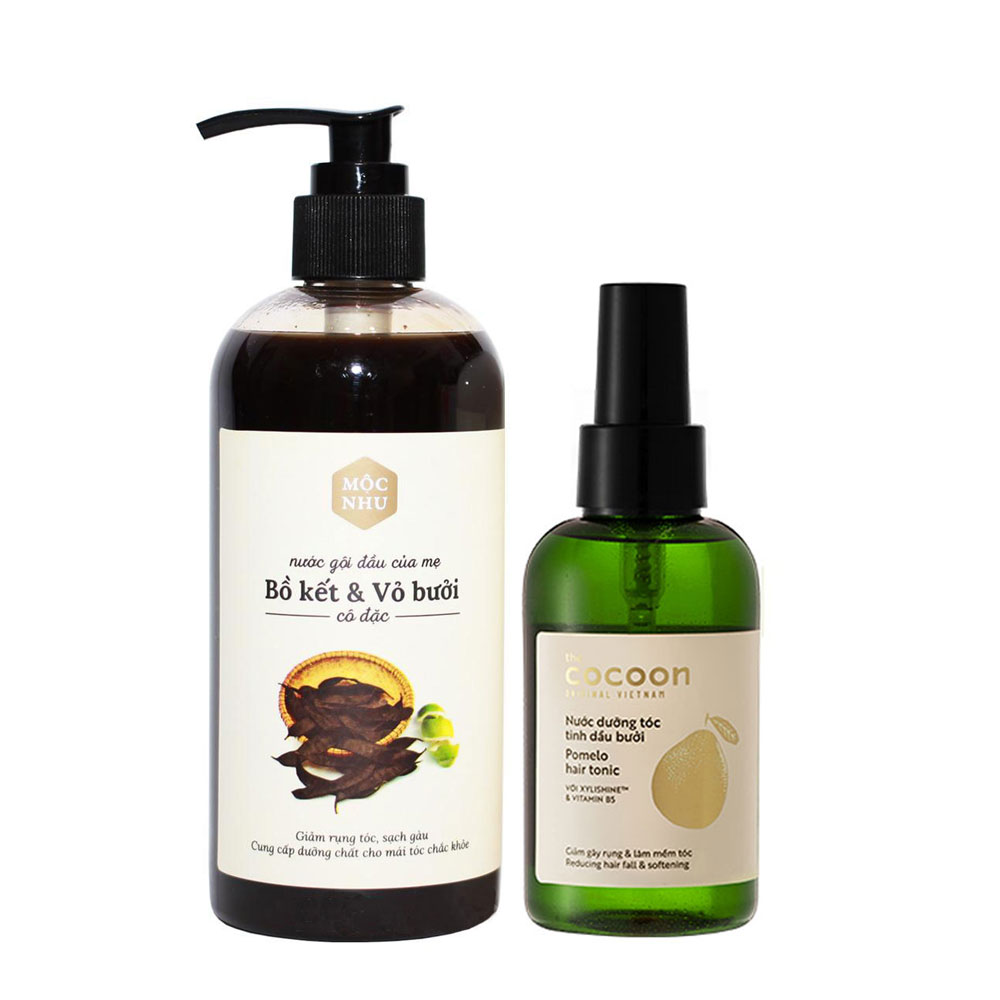 Bộ đôi nước gội bồ kết vỏ bưởi mộc nhu 300ml và xịt dưỡng tóc Pomelo Cocoon 140ml rụng tóc