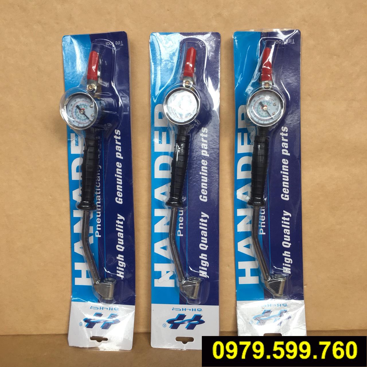 Tay bơm lốp cong, 2 đầu, có đồng hồ
