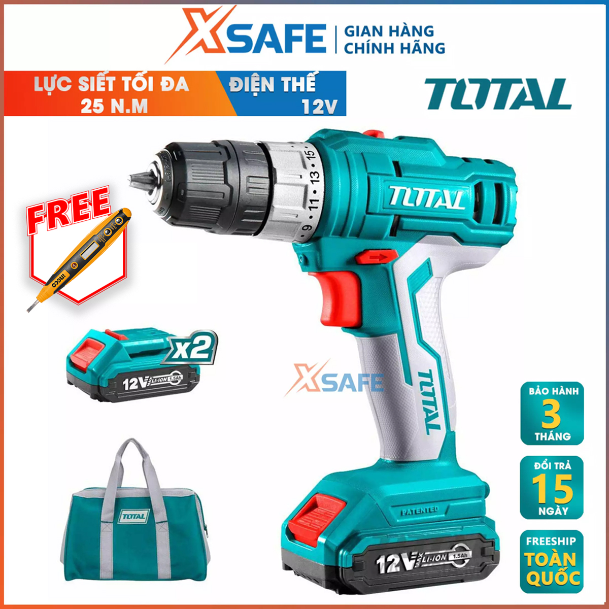 Drill using battery 12V total TDLI1222 bundled 2 1.5ah Battery 1 charger and 2 nose screw CR-V 65mm. Hand drill with force strangle maximum 25 n. M, no-load speed 0 - 350/1350 rpm/min, genuine warranty 3 month-distribution genuine xsafe
