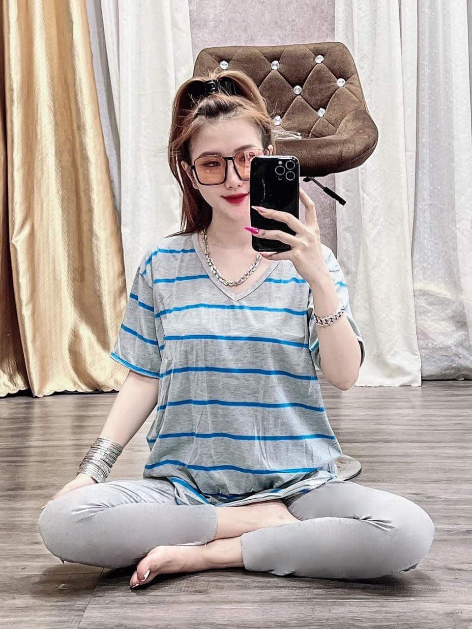 Set Bộ Cotton Cổ Tim Sọc Thời Trang- Y Hình