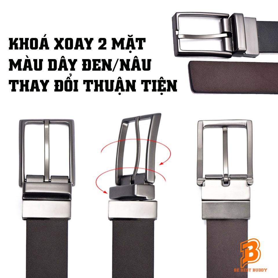 Thắt lưng Dây nịt Da Bò Thật Khoá Xoay 2 mặt Đen Nâu
