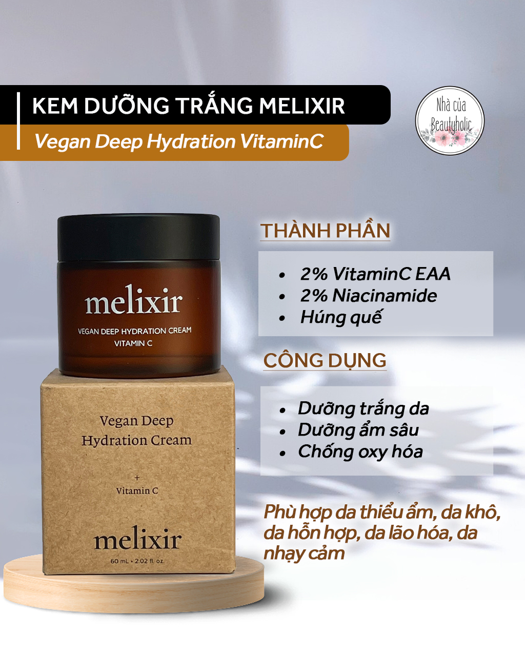 [Nhacuabeautyholic] Kem dưỡng trắng thuần chay MELIXIR VEGAN DEEP HYDRATION CREAM VITAMINC