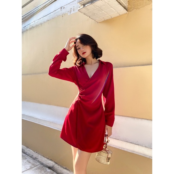 Đầm lụa đắp tà nhún MIEU (Đỏ/Đen) - HD26