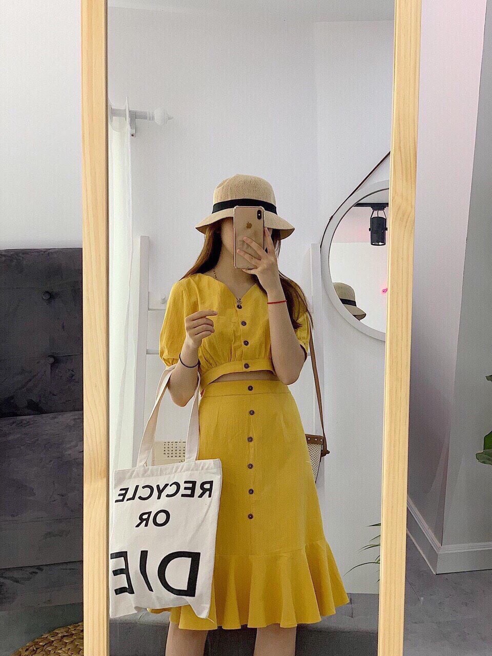 [HCM]Set áo crop nút chân váy đuôi cá