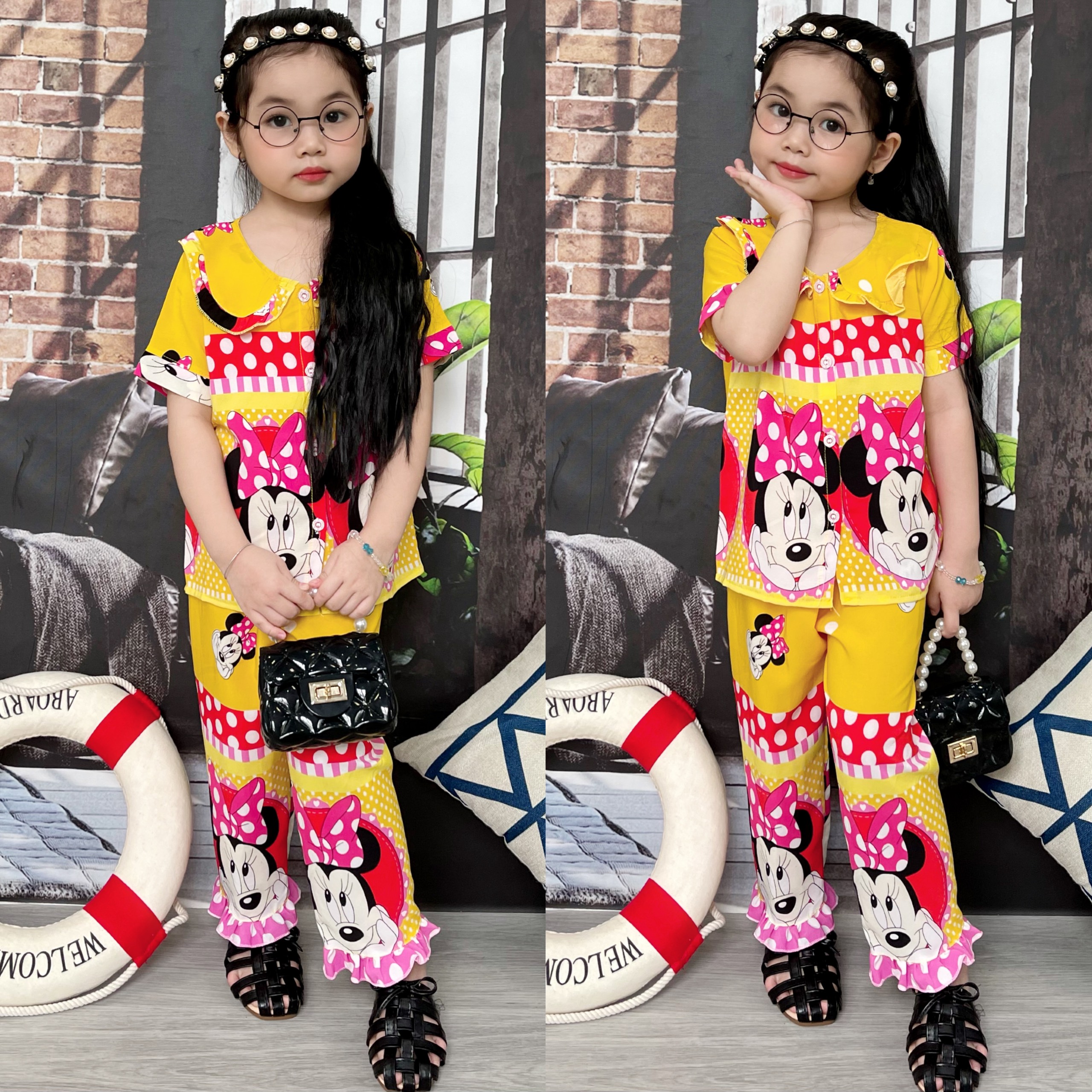 10-22kg Bộ pijama tay ngắn quần dài tiểu thư kate lụa cài nút cho bé gái size nhí - Pijama bé gái