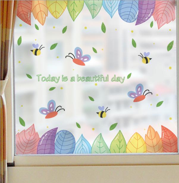 [HCM]Decal dán kính cao cấp - Viền Lá Sắc Màu ( 60x58cm )-DK7098