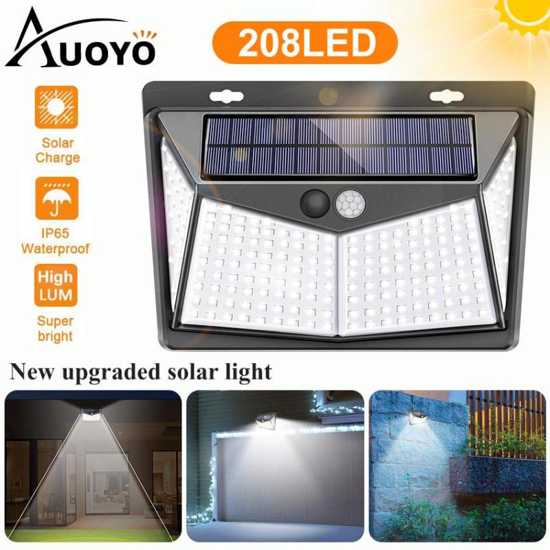 Auoyo 208LED Outdoor Lighting Solar Lights Outdoor 270° Wide Angle Lamp Wireless Sensor Solar Lights IP65 Waterproof for Yard Garage Deck Pathway Porch