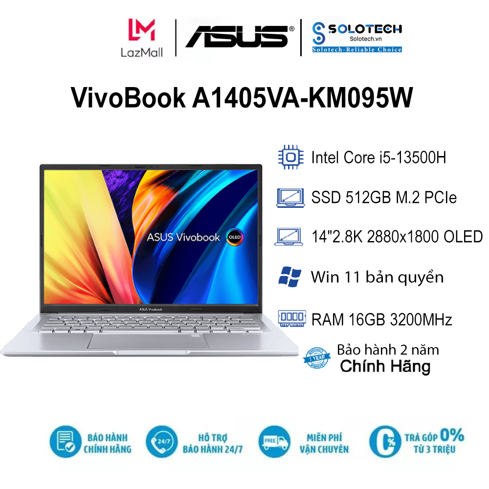 Laptop asus vivobook a1405va-km095w i5-13500h| 16gb| 512gb| 14"2.8k oled| ob| win11 - hành chính hãng new 100%