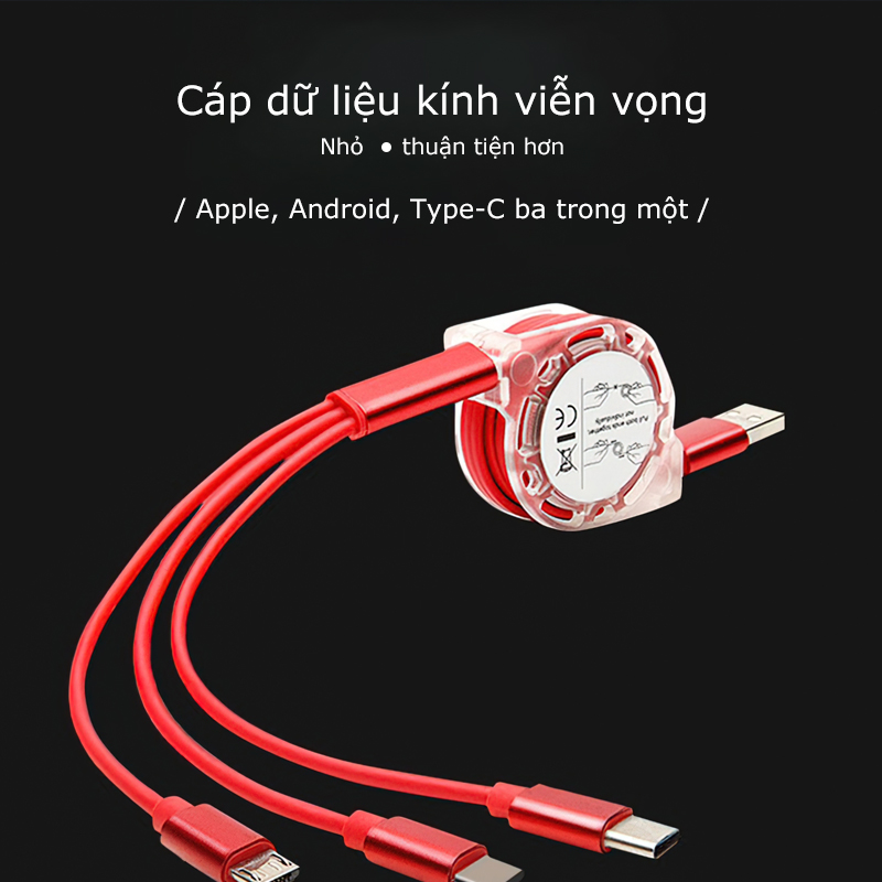 Cáp Sạc rút tròn đa năng 3 Đầu, 3 IN 1 SẠC NHANH, Dây Cao Cấp Siêu Bền