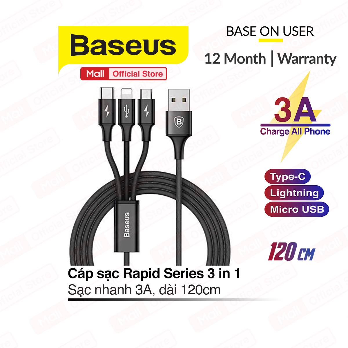 Cáp Sạc Và Truyền Dữ Liệu Tốc Độ Cao Lightning+ Micro+TypeCiPhone 11 Pro max Pro 30 Samsung 3 in 1 hỗ trợ sạc nhanh 3.0A dài 1.2m Baseus Rapid Series