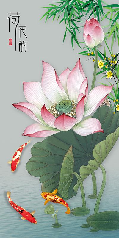 Tranh dán tường khổ dọc VTC Hoa sen cá chép UD1206 kim sa