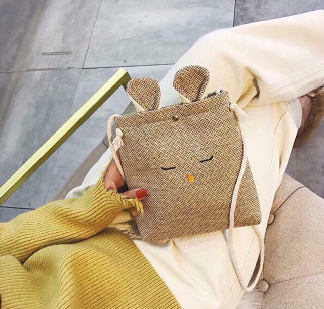 Túi cói mini, túi đeo chéo hình con thỏ phong cách Vintage đeo chéo đi biển TCT01