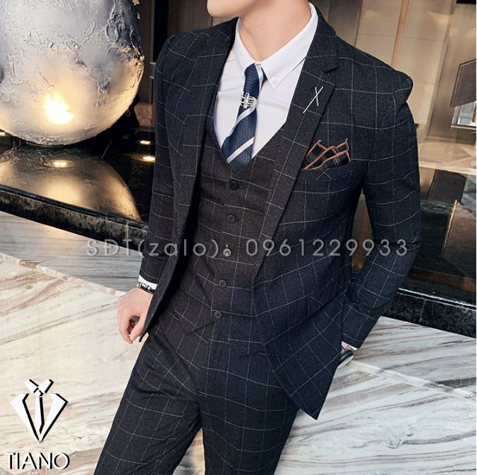 Bộ Vest nam 1 cúc màu ĐEN ô dạ, form ôm body chất vải dày 2 lớp, Suit Nam Cao Cấp - TIANO STORE