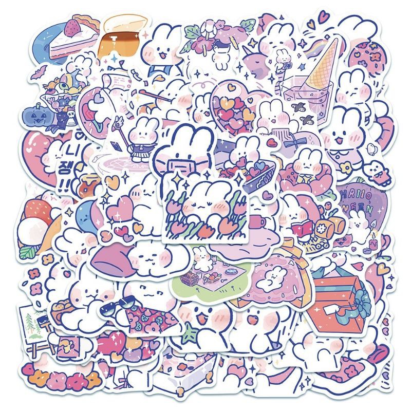 Set 50 sticker hình dán thỏ hồng chống thấm nước