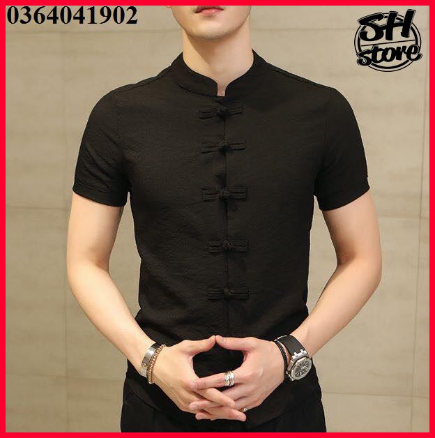 Áo sơ mi đũi cổ tàu chất siêu đẹp siêu mát màu đen