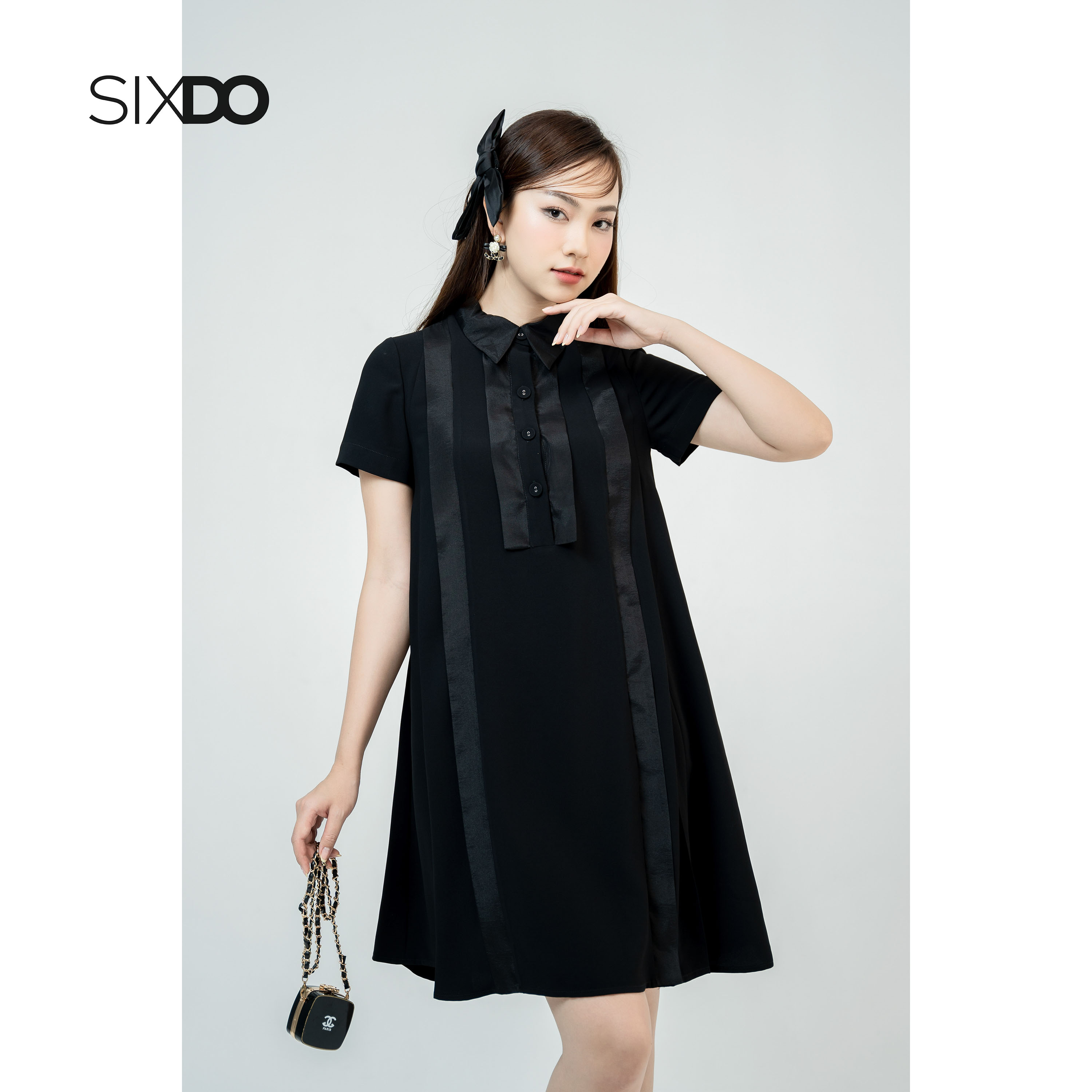 Đầm suông lụa đen cổ polo SIXDO (Black Trapeze Mini Silk Dress)